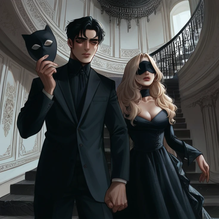 Man and woman standing close to each other, girl's body pressed against man's body whereas the man carry a mask 🎭 in his hand and the girl is looking scary. The girl is so beautiful and the man is also handsome but he has long hair and wearing black coat pent the girl is wearing red suit. His one finger on girl's lips preventing her to speak, the girl is looking scary.