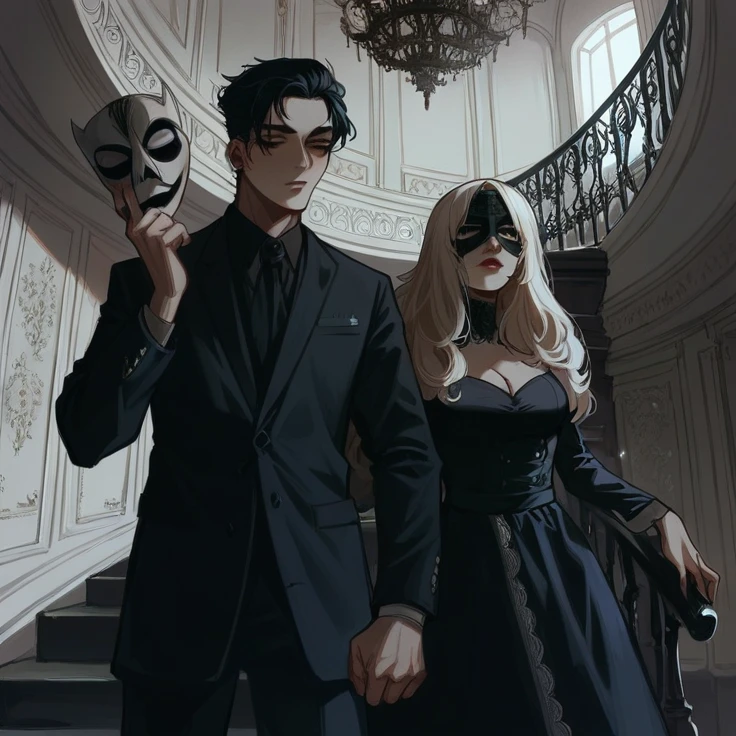 Man and woman standing close to each other, girl's body pressed against man's body whereas the man carry a mask 🎭 in his hand and the girl is looking scary. The girl is so beautiful and the man is also handsome but he has long hair and wearing black coat pent the girl is wearing red suit. His one finger on girl's lips preventing her to speak, the girl is looking scary.