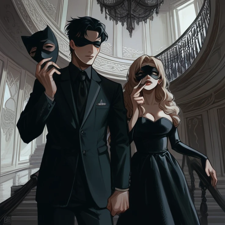 Man and woman standing close to each other, girl's body pressed against man's body whereas the man carry a mask 🎭 in his hand and the girl is looking scary. The girl is so beautiful and the man is also handsome but he has long hair and wearing black coat pent the girl is wearing red suit. His one finger on girl's lips preventing her to speak, the girl is looking scary.