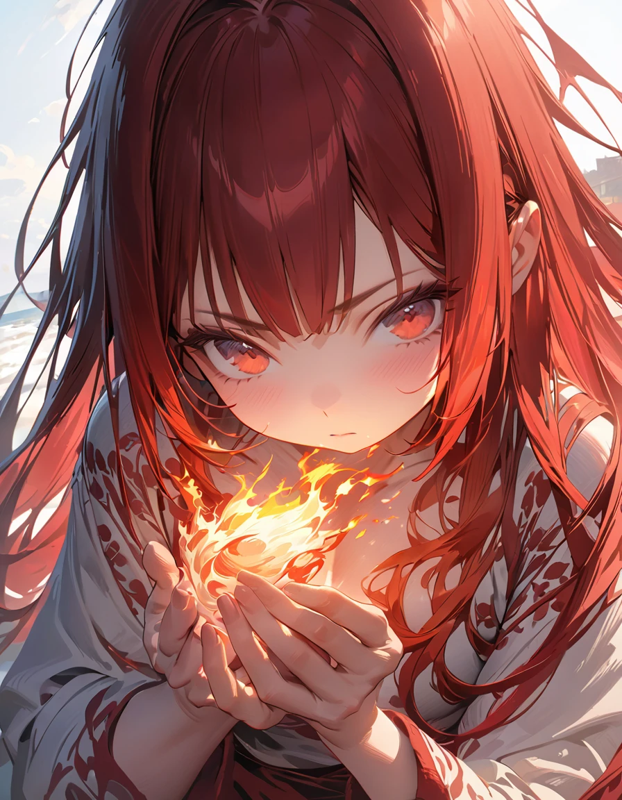 Blazing Flames(Masseter muscle area, high quality, Mysterious, Beautiful and beautiful, Ideal body proportions, Official image art, Impressionism), (Ultra-high resolution, 8k RAW photos, Photorealistic, Natural light, Textile Shading),Perfect Fingers
