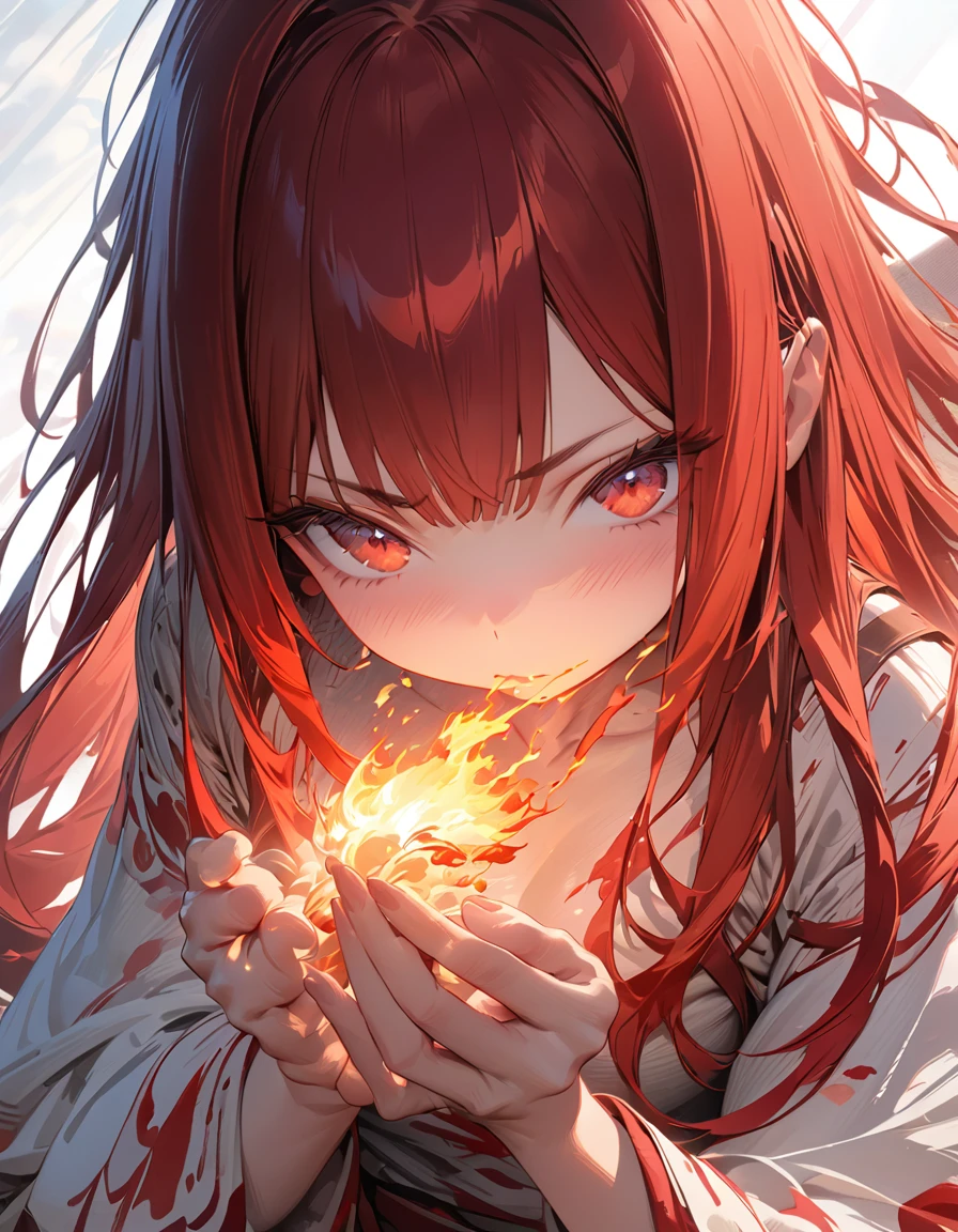 Blazing Flames(Masseter muscle area, high quality, Mysterious, Beautiful and beautiful, Ideal body proportions, Official image art, Impressionism), (Ultra-high resolution, 8k RAW photos, Photorealistic, Natural light, Textile Shading),Perfect Fingers
