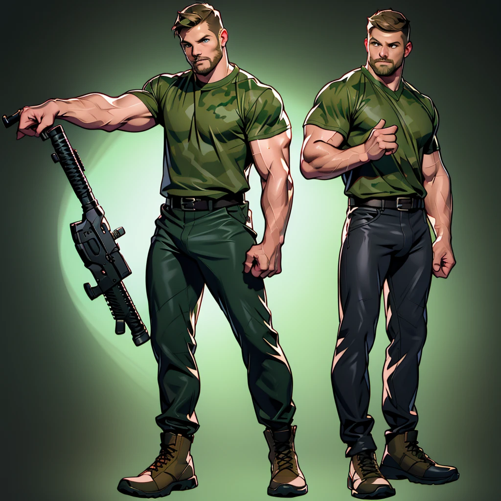 1 man, male focus solo, middle aged man,Stephen AMELL as an army man, lean muscle,dark green T shirt, brown leather belt and boots, green(( camouflage tactical pants)) with ((big bulge)), full body shot, dark blond short hair, well groomed facial hair, holding a gun with one hand, (gun:1.2), ultra high quality, masterpiece, ,( intense splashed of dark green and brown paint in the blackground)