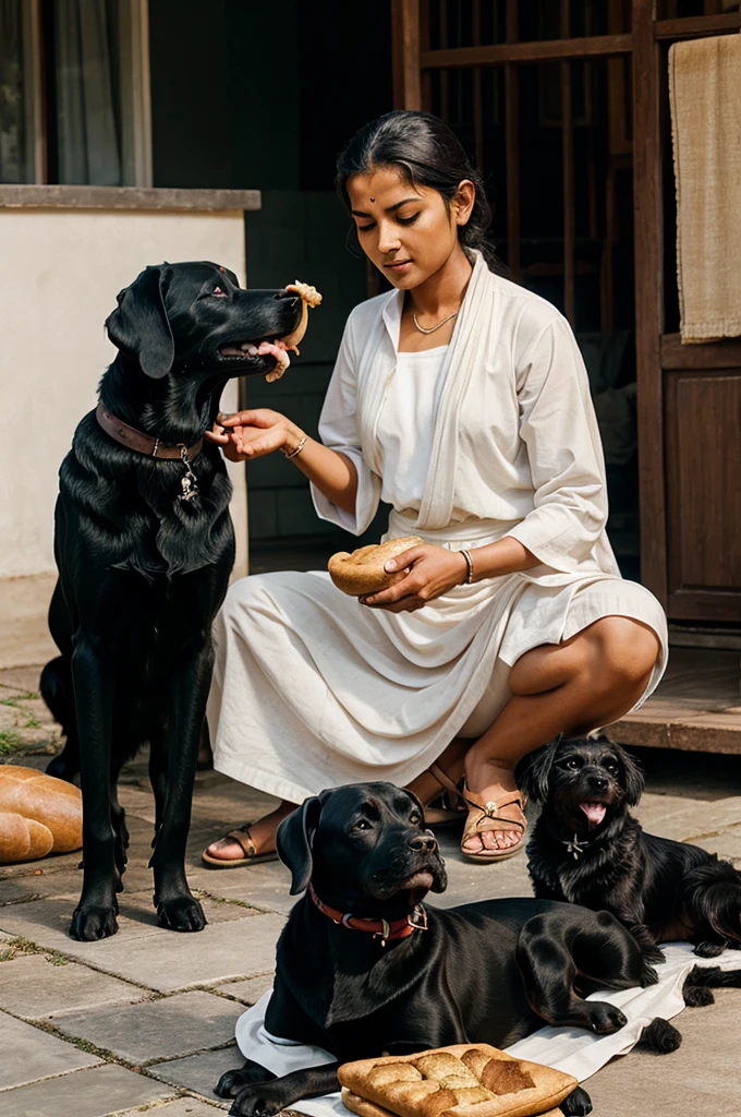 Mahatma Buddha feeding bread to a black dog