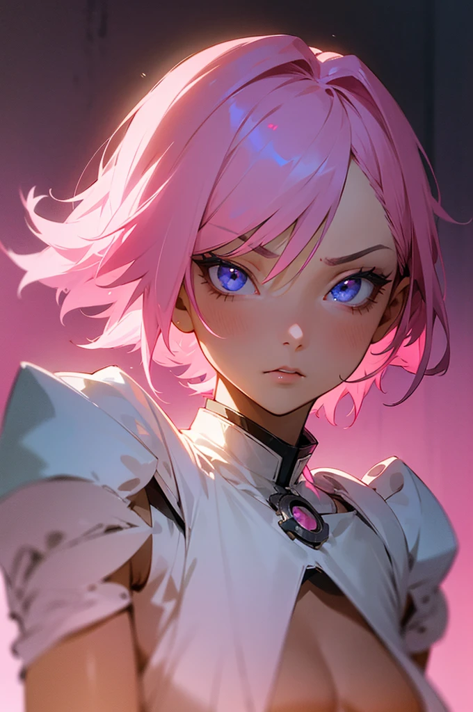 pink haired anime girls, mean, spoiled, princess, (masterpiece), best quality, expressive face, beautiful lighting, very short pink bob, model esk, mean look, stunning, glamourous with a little edge, 