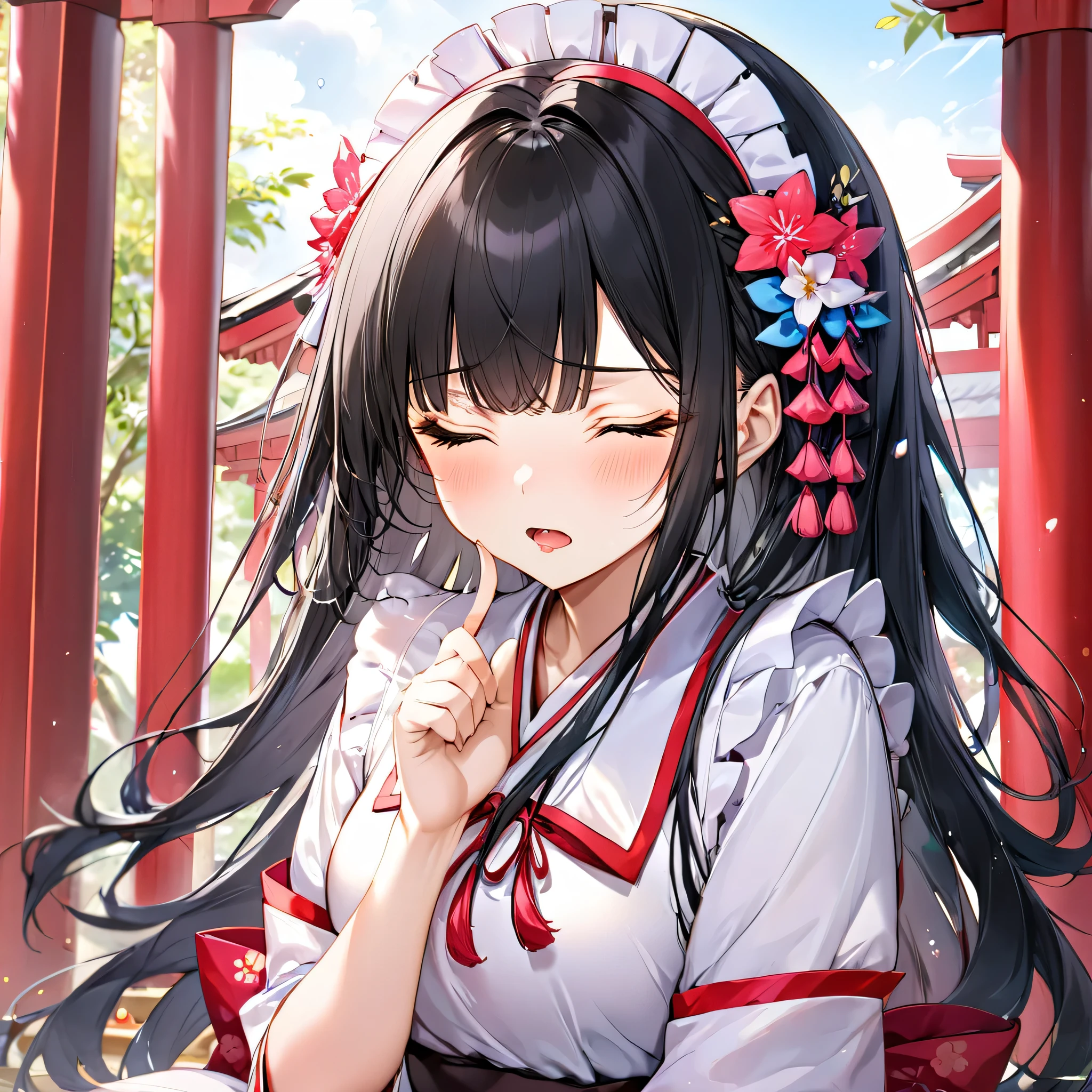 (Tsundere love mode) (15 yo, solo blunt bangs:1.3 black hair long hair cute shrine maiden girl, sexy closed eyes, angry:1.3 face, pink lip open mouth), break, (in a summer shrine maiden clothes), (index finger raised), BREAK, perfect anatomy, masterpiece, best quality, 16k, beautiful detailed grow, daydreaming expression.