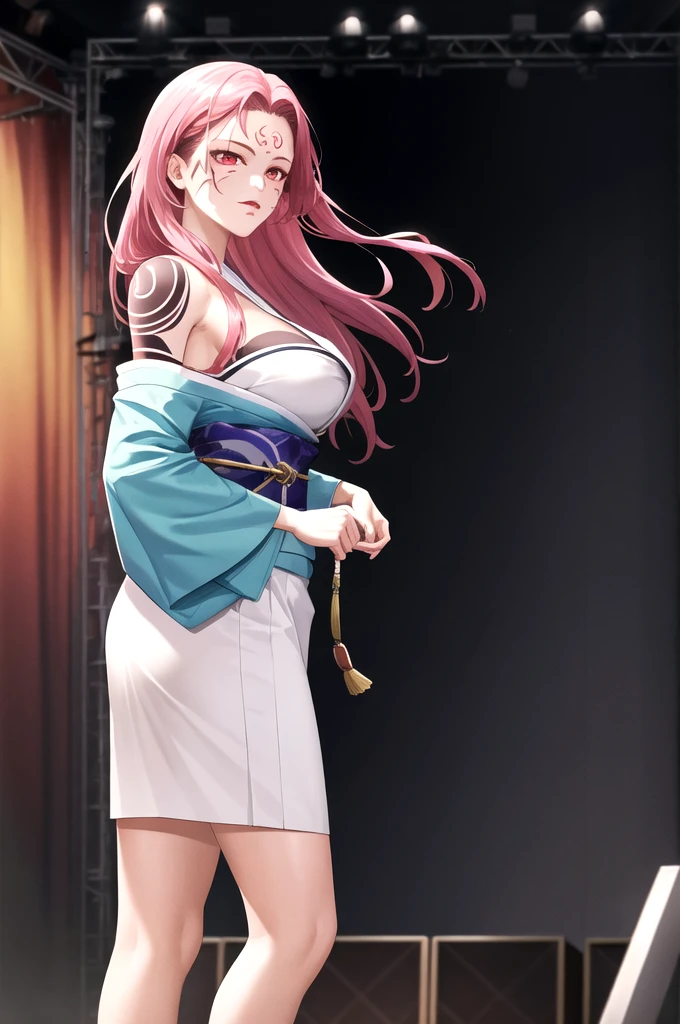 8K,highres,absurdres,masterpiece,best quality,original,extremely detailed CG,extremely detailed wallpaper,perfect lighting,1girl,blurry_background,looking_at_viewer,standing on the stage,
SukunaFem,long hair,pink hair,red eyes,tattoo,large breasts,facial marks,white short kimono,