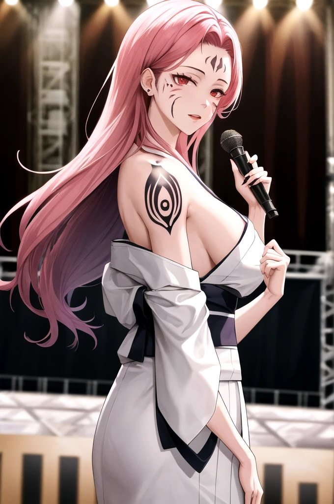 8K,highres,absurdres,masterpiece,best quality,original,extremely detailed CG,extremely detailed wallpaper,perfect lighting,1girl,blurry_background,looking_at_viewer,standing on the stage,
SukunaFem,long hair,pink hair,red eyes,tattoo,large breasts,facial marks,white short kimono,