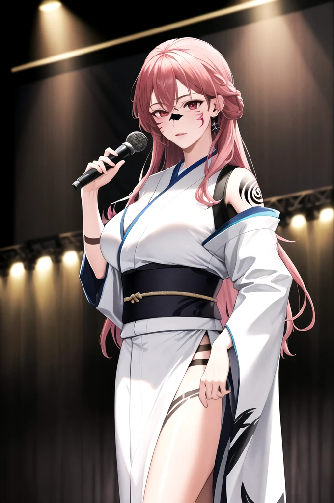 8K,highres,absurdres,masterpiece,best quality,original,extremely detailed CG,extremely detailed wallpaper,perfect lighting,1girl,blurry_background,looking_at_viewer,standing on the stage,
SukunaFem,long hair,pink hair,red eyes,tattoo,large breasts,facial marks,white short kimono,