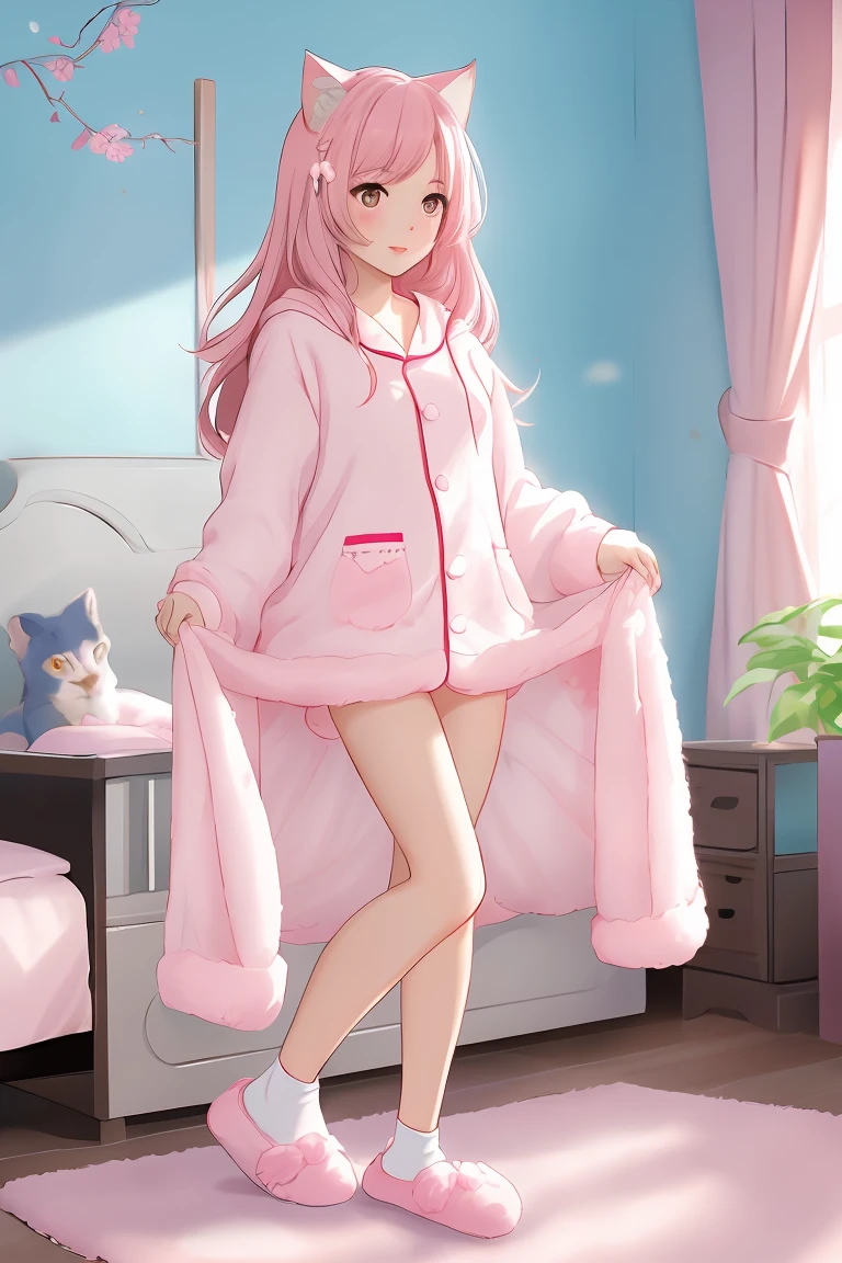 score_9,score_8_up,score_7_up,masterpiece, top quality, best quality, official art, beautiful and aesthetic, animation, , 1girl with cat ear, perfect figure, pink hair, complicated details, bedroom, changing clothes, JK uniform, cute hooded pajamas, extremely spacious. There is a cat pattern on it, a long tube of cotton socks carried casually, cute little slippers, long pink hair, small fish hairpins ,