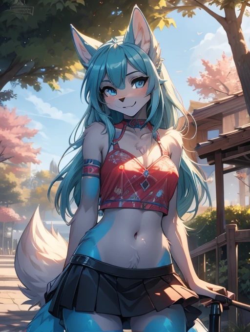 (best quality, masterpiece, perfect anatomy, detailed picture)), furry Miku Hatsune x vixen high definition good anatomy agregar_detalle:1, pelaje azul,Orejas de Kitsune, tribal tattoo agregar_detalle:1, cute girl agregar_detalle:1, blsck navel blouse and black mini skirt agregar_detalle:1, park landscape agregar_detalle:1, agregar_detalle:1, on bicycle red ride agregar_detalle, highly detalleed face, deep aqua iris agregar_detalle:1 lighting eyes agregar_detalle:3, garras de lobo, sharp fangs agregar_detalle:1, wild slut agregar_detalle:1, aura of resplendent light agregar_detalle:3,  sakuras landscape agregar_detalle:1