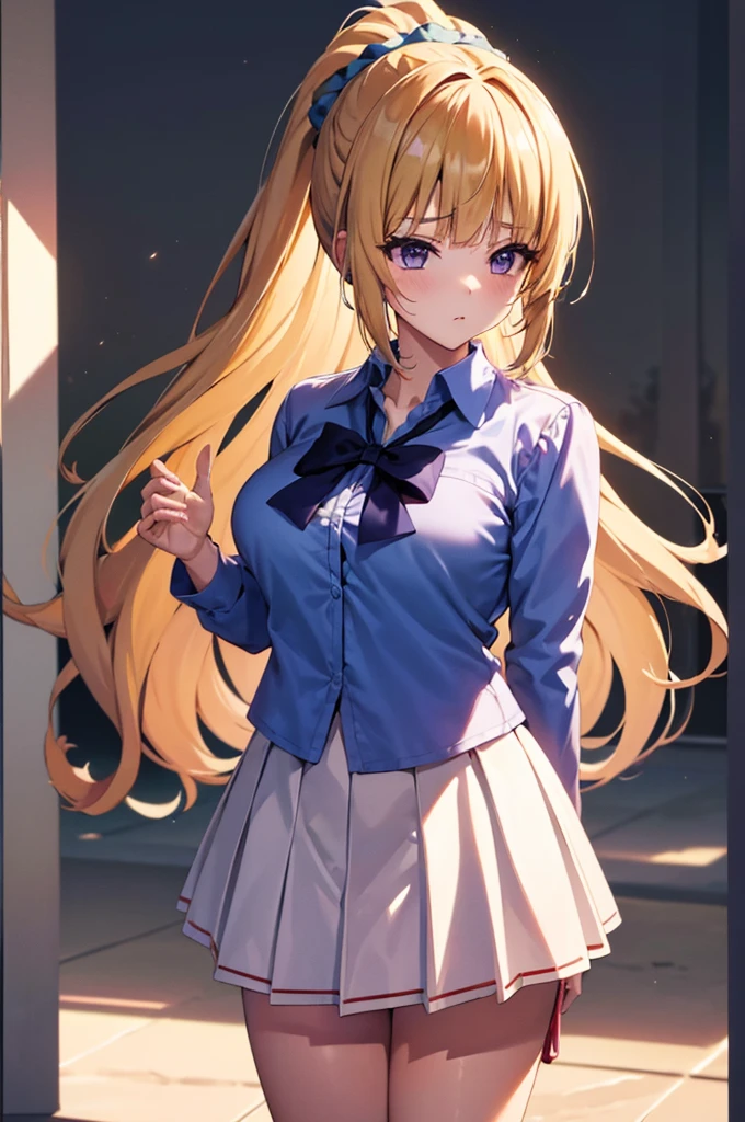 (8k, best quality, masterpiece,ultra detailed, ultra high res:1.2), BREAK anime keyvisual, 
1girl,
Kei Karuizawa, 
Kei Karuizawa \(youjitsu\),
long hair, ponytail, 
yellow hair, 
purple eyes, 
blue bow, hair scrunchie, 
medium breasts, 
, red blazer, long sleeves, blue blouse, pleated white skirt, white calf socks, 
looking at viewer, 
cowboy shot, 
perfect light, 