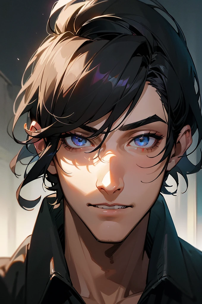 (masterpiece), best quality, expressive eyes, perfect face, anime, guy, black hair and eyes, good looking, muscular, gentle smile, adult, old Hollywood handsome guy, heart throb, cool short hair cut, dramatic, lighting, cyberpunk clothing 
