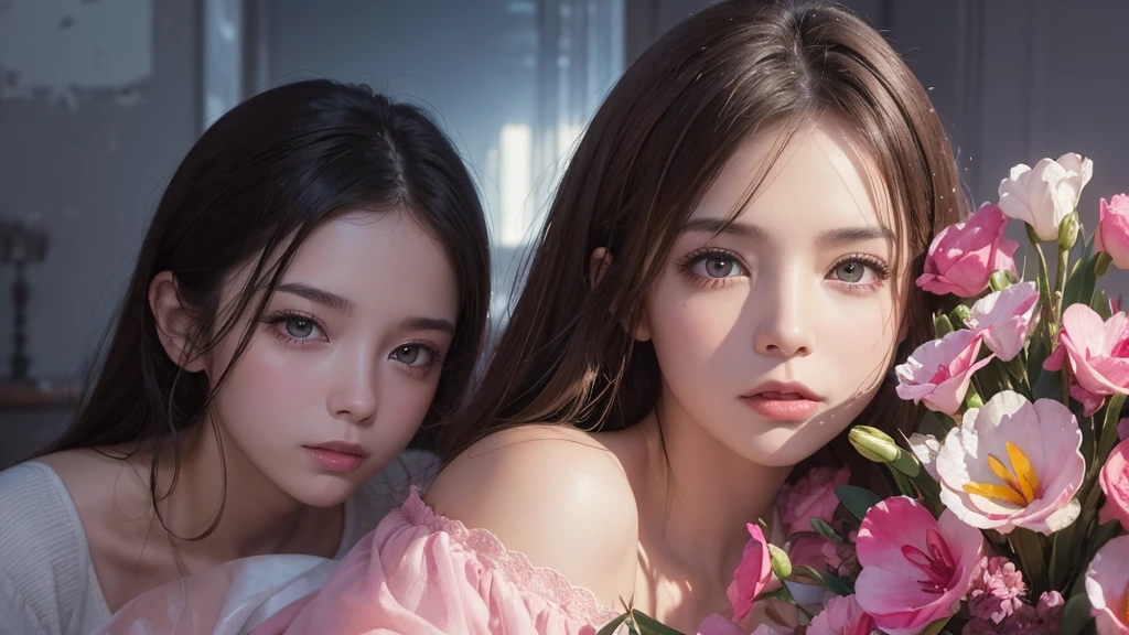 32k, Masterpiece, Highest quality, One girl, Brown Hair, Detailed eyes, flower,Freesia, Pink and navy style,A dreamy, romantic piece,Pale yellow, Mysterious Leaves,A playful arrangement,Fantasy,High Contrast,Ink strokes,explosion,Exposure, Impression of pink and navy tones,Abstract,((Watercolours by John Berkey and Jeremy Mann )) Brush strokes,Negative Space, Tyndall effect,