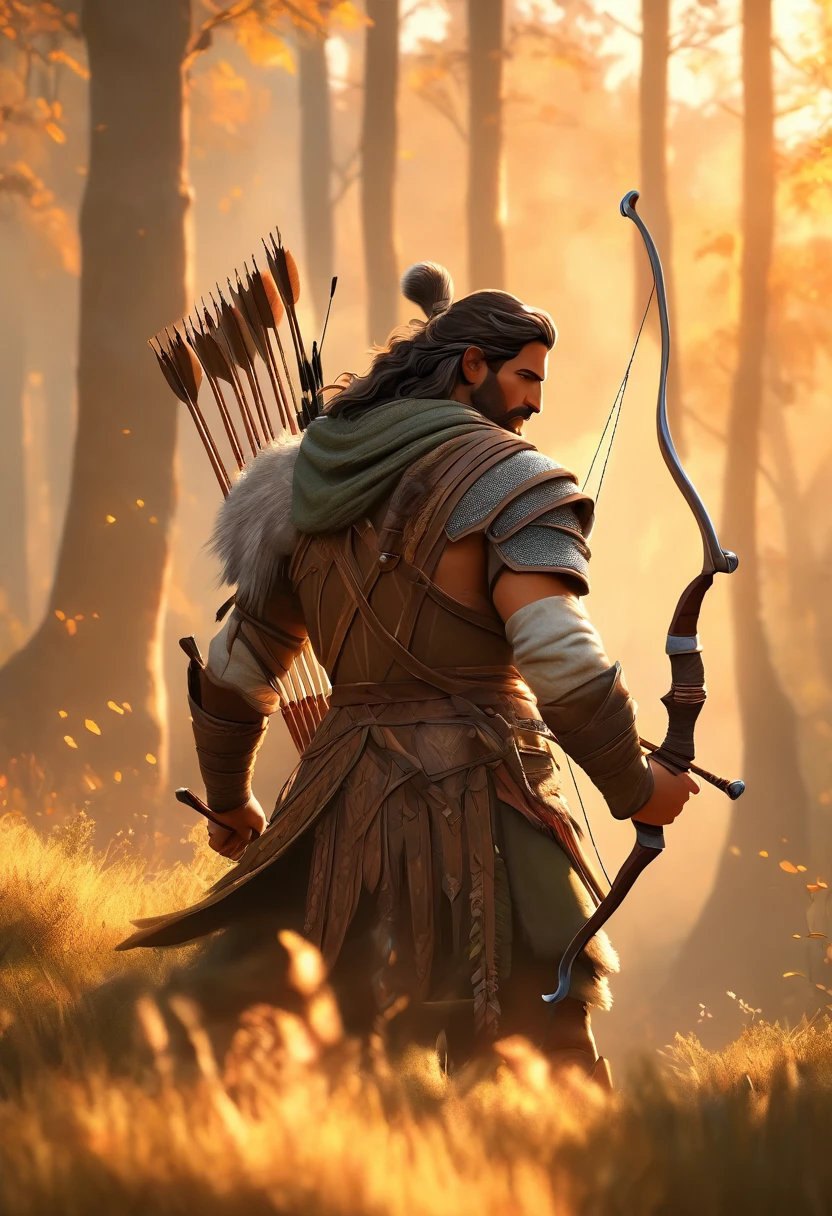 ((Masterpiece)), ((Best Quality)), (Very Detailed), ((Very Detailed)), 4K, (8K), very aesthetic, absurdres highres, 1 male, solo, Archer, A medieval archer draws his bow in a forest at sunset. Warm light shines through the trees, and the archer's clothing is made of leather and cloth. The bow is beautifully decorated, and the quiver has elaborate designs. The archer's expression is concentrated, giving off a peaceful atmosphere.