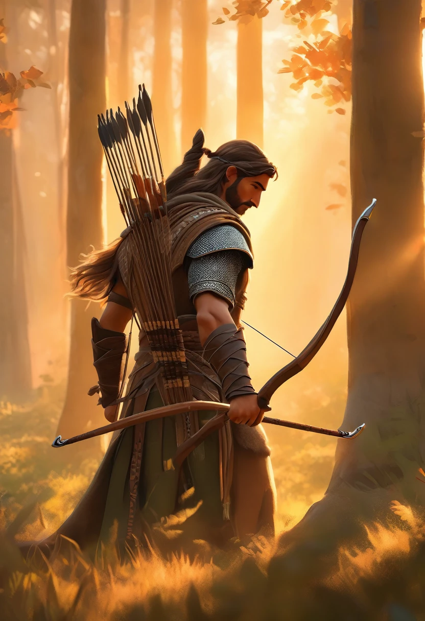 ((Masterpiece)), ((Best Quality)), (Very Detailed), ((Very Detailed)), 4K, (8K), very aesthetic, absurdres highres, 1 male, solo, Archer, A medieval archer draws his bow in a forest at sunset. Warm light shines through the trees, and the archer's clothing is made of leather and cloth. The bow is beautifully decorated, and the quiver has elaborate designs. The archer's expression is concentrated, giving off a peaceful atmosphere.