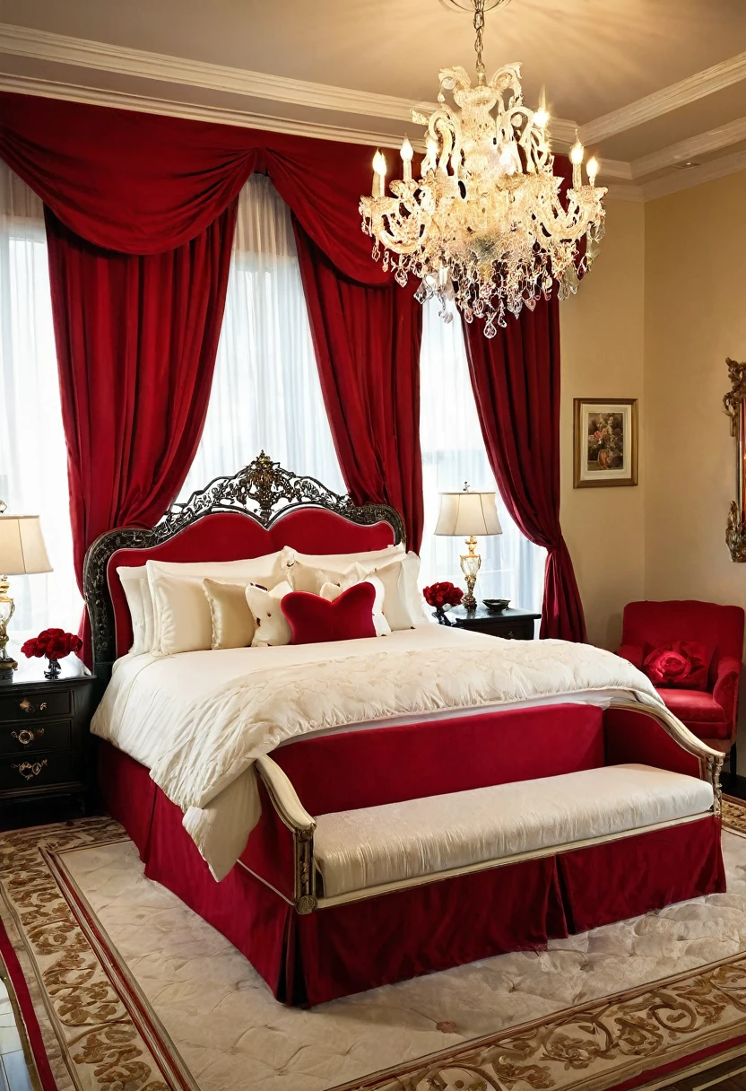 A luxurious bedroom, bathed in a romantic glow, exudes a sense of passion and intimacy. The plush red bed, adorned with soft linens and accented with a heart-shaped pillow, invites a peaceful retreat. The room's intricate details, from the ornate chandelier to the scattered rose petals, create a sense of timeless elegance.