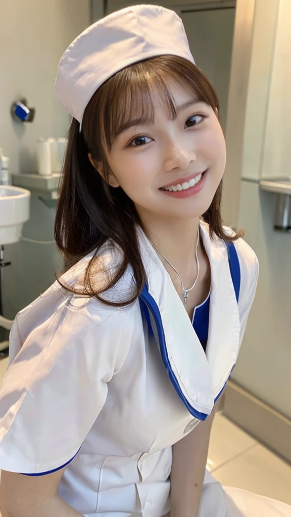 ((1 nurse,White nurse uniform、Crouch down and look up、Basic Nurse Cap,White,short white tight skirt,Photograph seen from directly above,Take a photo from above,smileで私を見てください,looking at the camera,Looking at the camera,Treatment room in the hospital, Get close to her and take a photo)),Very detailed顔、Wear a stethoscope around your neck,double eyelid、White and clean teeth,Brown eyes,Breast Augmentation,Accentuate your body lines,smile at me lovingly、Gentle expression、Beautiful Lips,Detailed description of the hospital room background,Perfect lighting、Award-winning works,Tabletop,Natural light,Natural soft light)),((looking at the camera,smile,White teeth,A big smile,カメラを見つめるA big smile),((High-quality RAW color photos, Professional photos, Very delicate and beautiful, Very detailed,finely, Large file size,Best image quality,8K,Photos taken with a single-lens reflex camera、Very intricate detail, 120000, Ultra HD, masterpiece))