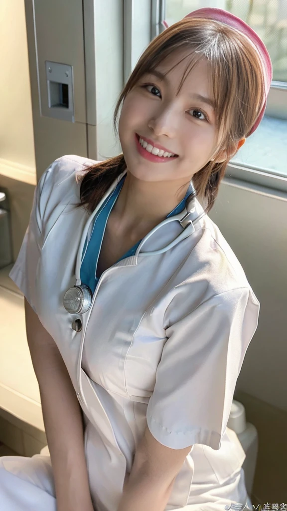 ((1 nurse,White nurse uniform、Crouch down and look up、Basic Nurse Cap,White,short white tight skirt,Photograph seen from directly above,Take a photo from above,smileで私を見てください,looking at the camera,Looking at the camera,Treatment room in the hospital, Get close to her and take a photo)),Very detailed顔、Wear a stethoscope around your neck,double eyelid、White and clean teeth,Brown eyes, Augmentation,Accentuate your body lines,smile at me lovingly、Gentle expression、Beautiful Lips,Detailed description of the hospital room background,Perfect lighting、Award-winning works,Tabletop,Natural light,Natural soft light)),((looking at the camera,smile,White teeth,A big smile,カメラを見つめるA big smile),((High-quality RAW color photos, Professional photos, Very delicate and beautiful, Very detailed,finely, Large file size,Best image quality,8K,Photos taken with a single-lens reflex camera、Very intricate detail, 120000, Ultra HD, masterpiece))