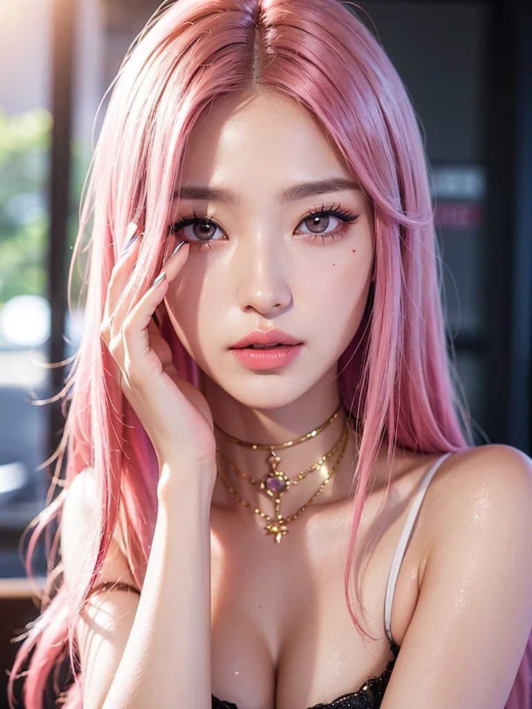 1girl, alone, solitary, high quality, (best quality,4k,8k,highres,masterpiece:1.2),ultra-detailed,(realistic,photorealistic,photo-realistic:1.37),gorgeous hair,pink hair,long straight hair with bangs,sharp eyes,mole under the eye,plump lips,jewelry,(high detailed skin:1.4),(rim lighting:1.3),(lit:1.3),(sunny day:1.3),portrait,beautiful lips,waist-length hair,seductive gaze,moles,casual clothes,colorful clothing,close up,super long hair,choker necklace,light eyes,bangs,fringe,20 year old,dimples on the cheeks,dimples,neon pink hair,pinkhair,bright neon pink hair,black,red lips,red lipstick,round lips,round pouty lips,pouty lips,douyin makeup, sparkly makeup,glitter,contact lenses