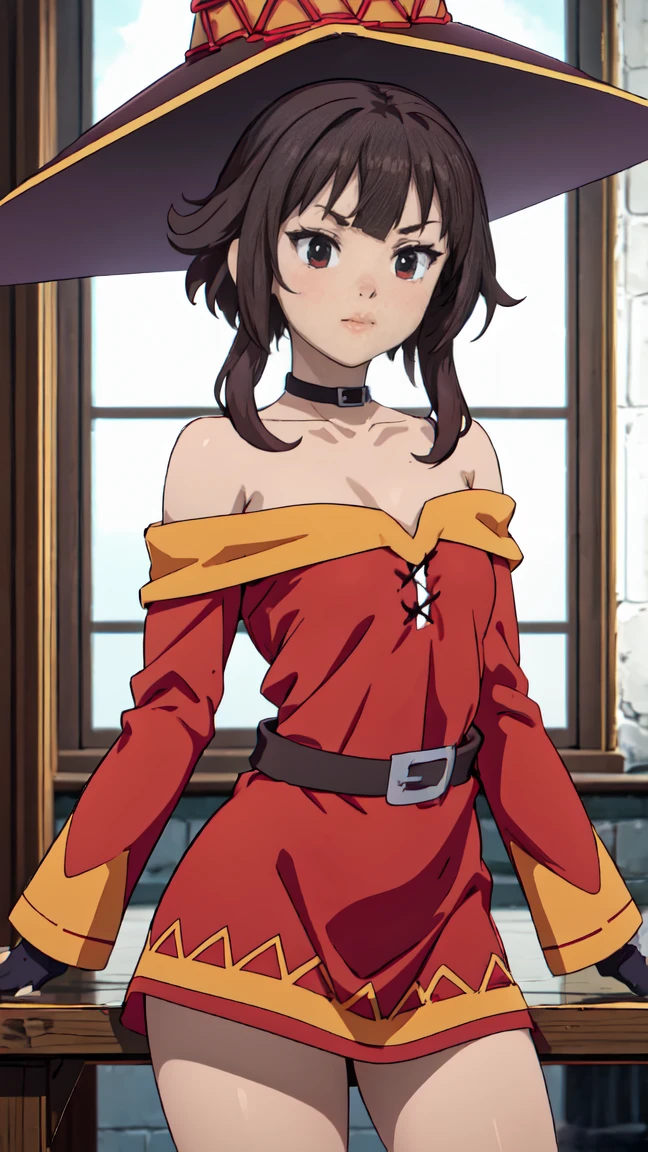 Artgerm, table, Best quality, extremely detailed, table, Best quality, Megumin, 1 girl in, bare shoulders, beautiful buttocks, стоит опершись о table, very sexy, smile, cheerful, Black e.g, black gloves, black hair, e.g, necklace, clavicle, dress, hair between eyes, It has, long sleeves, I look at the viewer, Medium hair, off shoulder dress, off the shoulders, Red dress, Red eyes, side locks, One, witch hat, in room