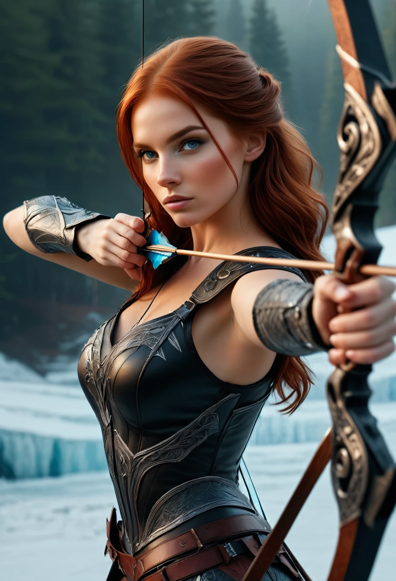 super realistic image, high quality uhd 8K, of an 18 year old girl, realistically detailed ((slim body, highly detailed)), (tall model), redhead, long red hair, highly detailed realistic skin, ((female archer fantasy, wearing black armor)), (((fantasy ice bow weapon aiming at camera))), real vivid colors, standing