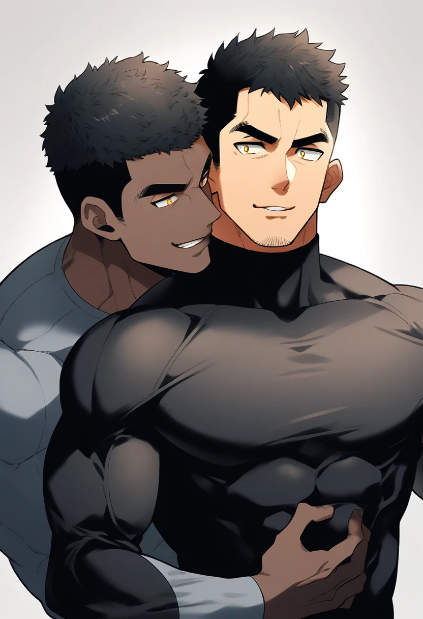 anime characters：Two superheroes in tights, Muscle superhero, negro black skin, They hugged and kissed each other, Bite your neck, Caress, Manliness, male focus, Yellow and black high collar long sleeve tight T-shirt, Slightly transparent material, Very tight, Round, full and perky chest muscles, Muscle waist, Slightly transparent, muscular male, muscular, only, Upper body, alone, Black short hair, Thick eyebrows, stubble, Yellow eyes, Grey background, simple background, amazing quality, best aesthetics, Ridiculous, bright pupils, crew cut, parted lips, seductive smile, torogao, naughty face, drop shadow, best quality