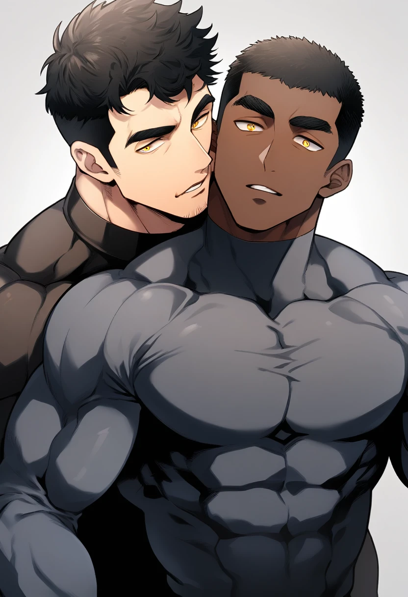 anime characters：Two superheroes in tights, Muscle superhero, negro black skin, They hugged and kissed each other, Bite your neck, Caress, Manliness, male focus, Yellow and black high collar long sleeve tight T-shirt, Slightly transparent material, Very tight, Round, full and perky chest muscles, Muscle waist, Slightly transparent, muscular male, muscular, only, Upper body, alone, Black short hair, Thick eyebrows, stubble, Yellow eyes, Grey background, simple background, amazing quality, best aesthetics, Ridiculous, bright pupils, crew cut, parted lips, seductive smile, torogao, naughty face, drop shadow, best quality