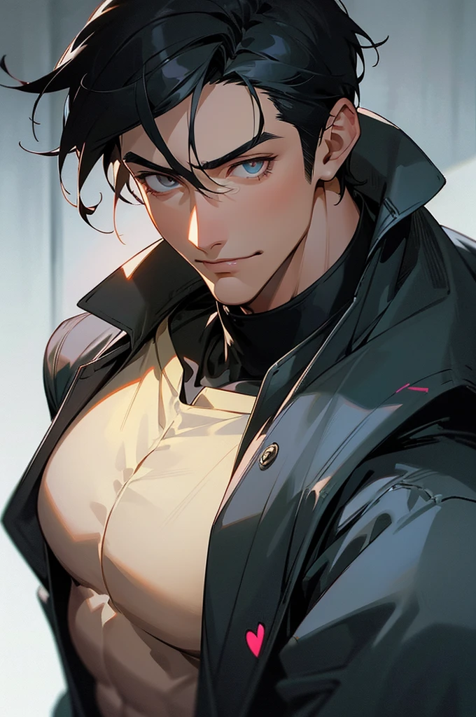 (masterpiece), best quality, expressive eyes, perfect face, anime, guy, black hair and eyes, good looking, muscular, gentle smile, adult, old Hollywood handsome guy, heart throb, cool short hair cut, dramatic, lighting, cyberpunk clothing 