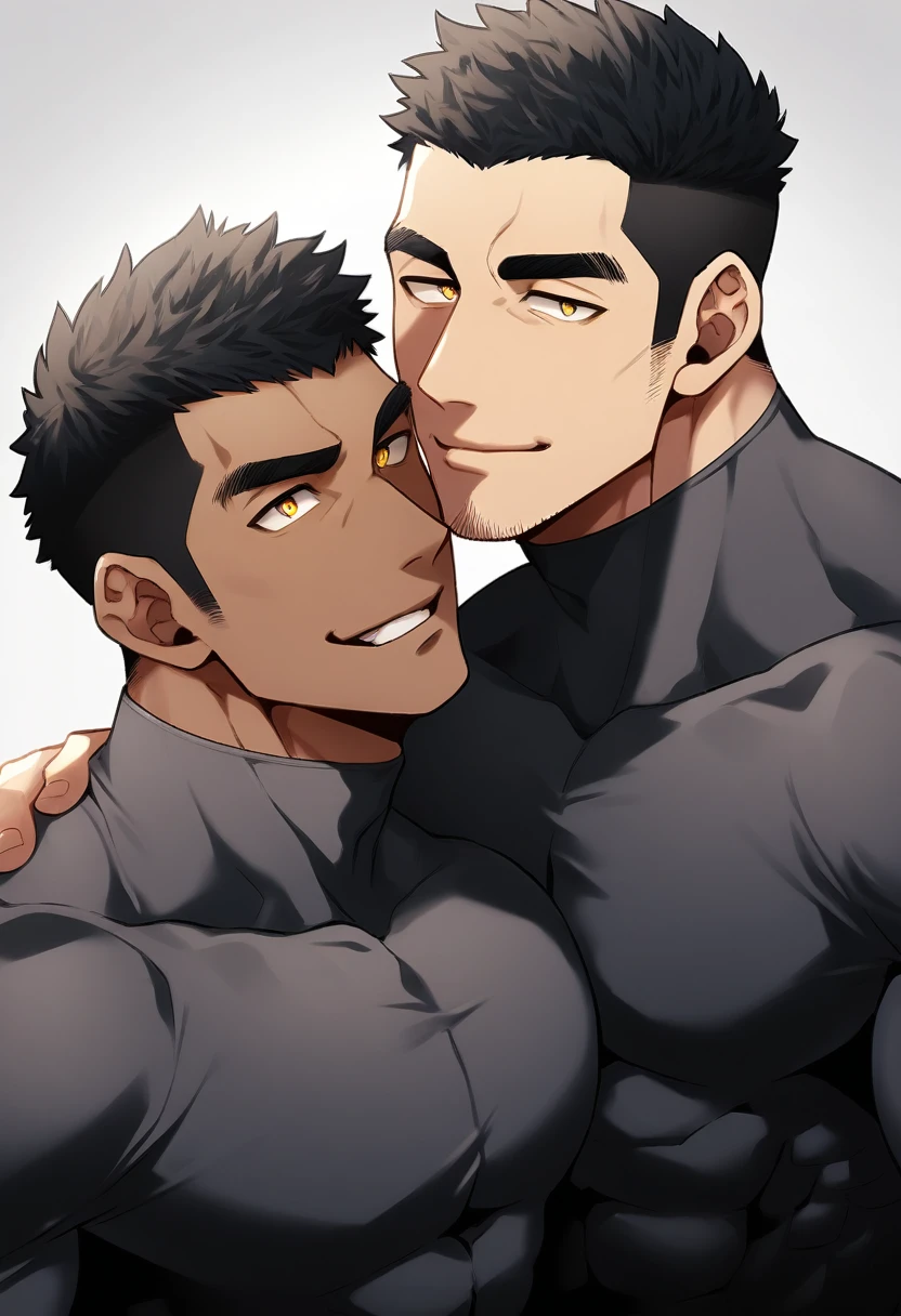 anime characters：Two superheroes in tights, Muscle superhero, negro black skin, They hugged and kissed each other, Bite your neck, Caress, Manliness, male focus, Yellow and black high collar long sleeve tight T-shirt, Slightly transparent material, Very tight, Round, full and perky chest muscles, Muscle waist, Slightly transparent, muscular male, muscular, only, Upper body, alone, Black short hair, Thick eyebrows, stubble, Yellow eyes, Grey background, simple background, amazing quality, best aesthetics, Ridiculous, bright pupils, crew cut, parted lips, seductive smile, torogao, naughty face, drop shadow, best quality