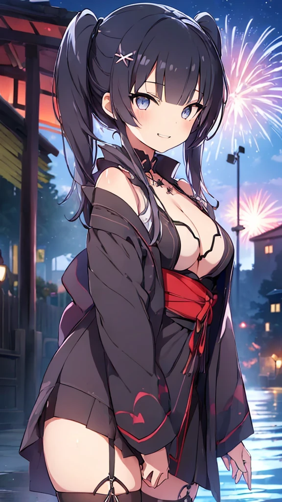 prompt（Re-adjusted version）
beautiful, masterpiece, Highest quality, HiqCG Body, anime, (1 Girl:1.5), (Small breasts:1.2), Portrait Shot, View your viewers, Wet Skin, Intricate details, Little Woman, Her eyes were shining like dreamy stars.,(Shining Eyes:1.3),(Beautifully detailed eyes:1.1)、[[Delicate fingers and hands:0.55]::0.85],(Detailed reference),(Thick black hair, Eyes are bright purple,(Sharp Eye:1.3), (tsurime:1.5), Twin tails,Straight Hair,(Asymmetrical bangs:1.2),(Blunt Bangs:1.3), (hairpin:1.2), Young face,Childlike,Small devil,Succubus,Vampire,Double teeth,Small corner),(kimono),Dynamic Pose,(yandere:1.1),(yandere smile:1.3),(smirk:1.3) ,Cleavage,High angle shot、(night:1.4)、(full moon:1.1),Focus on the chest,(Shake your head:1.2), Thick black hair, kimono, firework