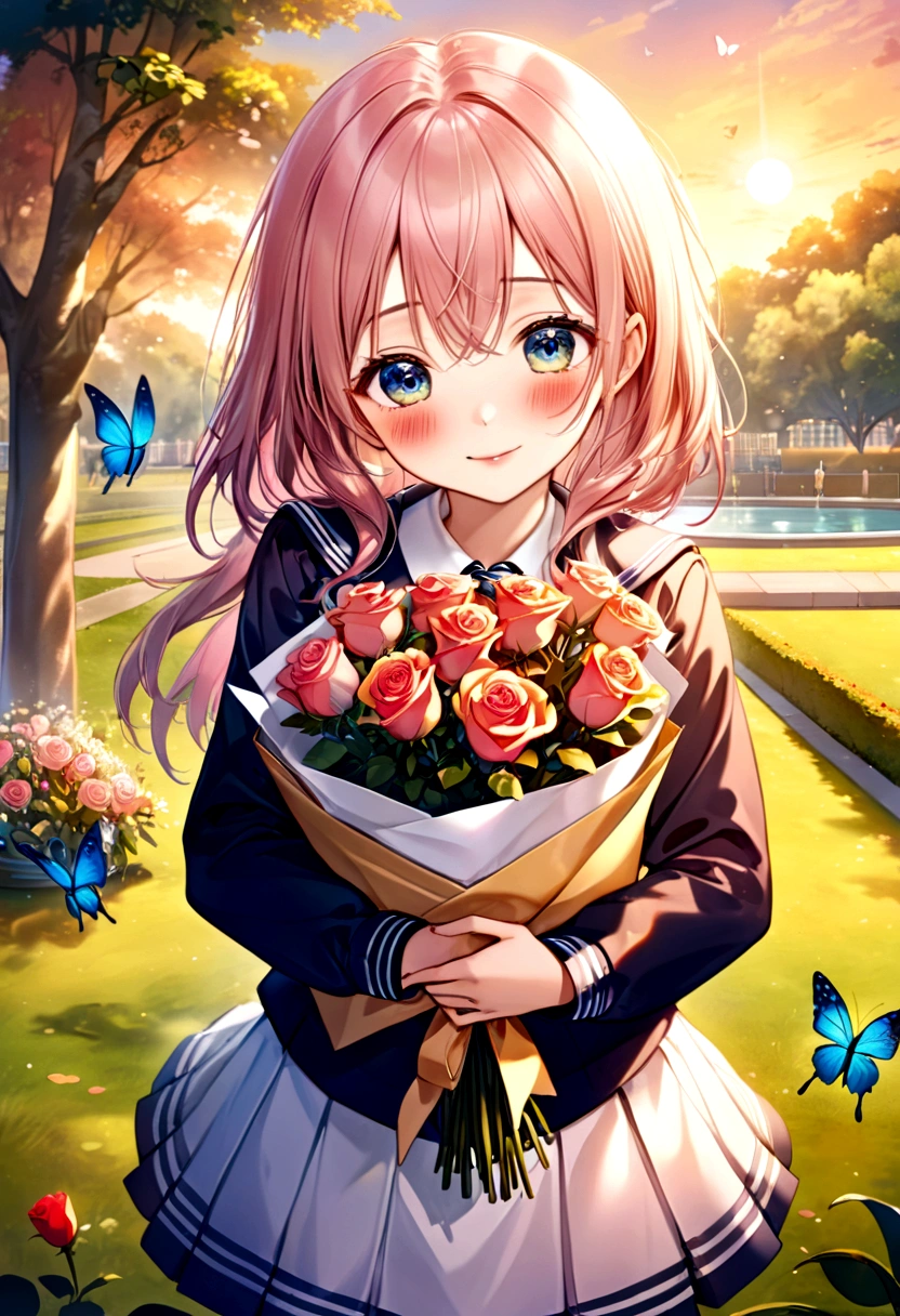 (highres:1.2), (beautiful detailed eyes:1.1), (beautiful detailed lips:1.1), (extremely detailed eyes and face:1.1), (longeyelashes:1.1), (HDR),(shimmering sunset),(grassy garden),(romantic atmosphere),(happy emotions),(high school uniforms), (tender moment),(timid smile),(blushing cheeks),(cute), (nostalgic:0.9), (painting-like),(soft lighting),(vibrant colors),(dreamy mood),(storybook-like),(young love),(butterflies in stomach),(shy glances),(school confession),(pure feelings),(heart racing),(bouquet of roses),(deep connection),(sincere words)