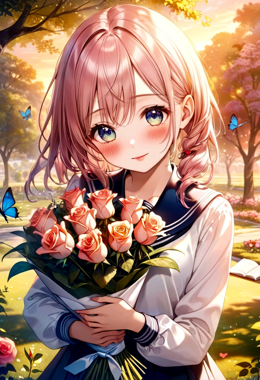 (highres:1.2), (beautiful detailed eyes:1.1), (beautiful detailed lips:1.1), (extremely detailed eyes and face:1.1), (longeyelashes:1.1), (HDR),(shimmering sunset),(grassy garden),(romantic atmosphere),(happy emotions),(high school uniforms), (tender moment),(timid smile),(blushing cheeks),(cute), (nostalgic:0.9), (painting-like),(soft lighting),(vibrant colors),(dreamy mood),(storybook-like),(young love),(butterflies in stomach),(shy glances),(school confession),(pure feelings),(heart racing),(bouquet of roses),(deep connection),(sincere words)