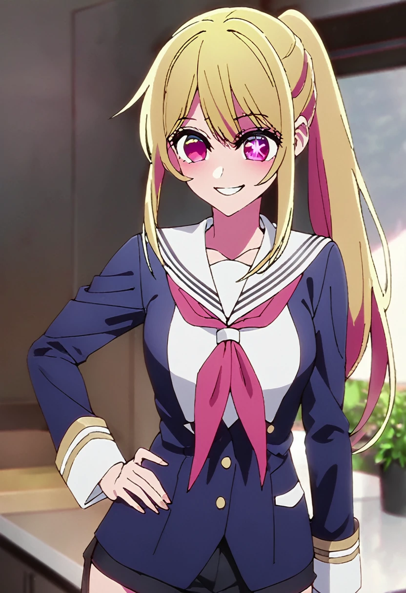 Blonde、Sailor Moon、Highest quality、high resolution、8K,Highest quality、Star-shaped pupil、The best smile、long hair、Pink Eyes、ponytail、Cowboy Shot、One person