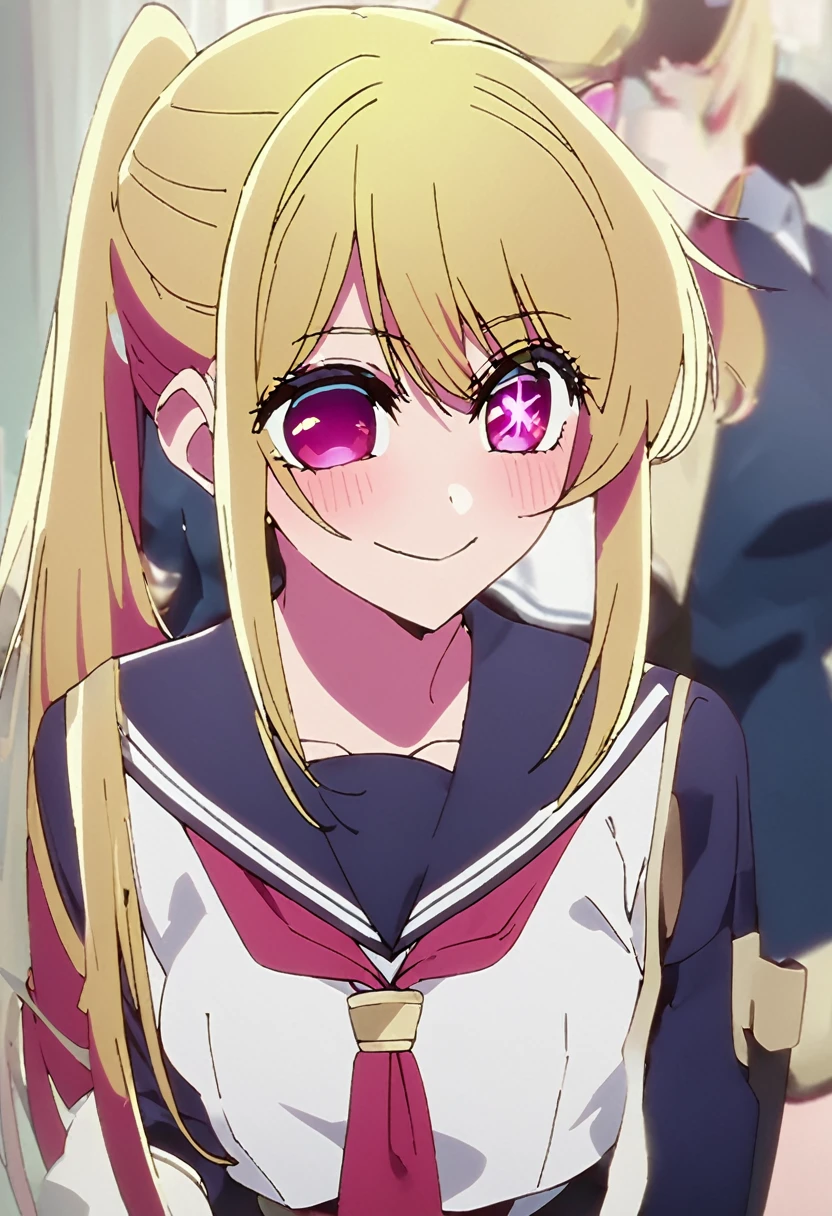 Blonde、Sailor Moon、Highest quality、high resolution、8K,Highest quality、Star-shaped pupil、The best smile、long hair、Pink Eyes、ponytail、Cowboy Shot、One person