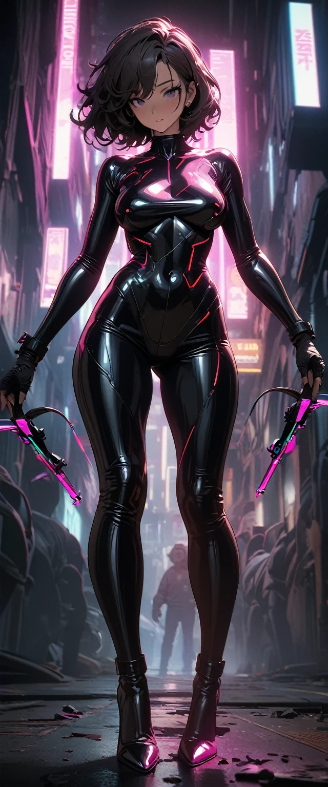 Cyberpunk style，30-year-old mature and charming woman，Leather bodysuit covers the entire body，Full breasts，High heels，Shoot at me with a bow and arrow，（There are a lot of small pieces of gravel floating in the air around me.:1.5），beautiful，Glowing Effects，Celluloid style，Flat coating，HD，CG art，comics，8K，Looking at the camera，high quality，illustration，Vaporwave style，Rim Light，light，Very detailed，complicated，OC Renderer，Viewing angle，high resolution
