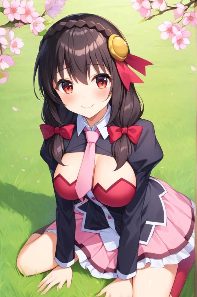 alone, One girl, Happy face, View your viewers, Crown Blade, hair ornaments, Hair Ribbon, Pink tie, Black long sleeve, Pink Skirt, Knee socks, Cleavage, grassland、Black Hair、Red Eyes、(blush:1.2)、sit、cherry blossoms、(I can see your pink underwear:1.2)