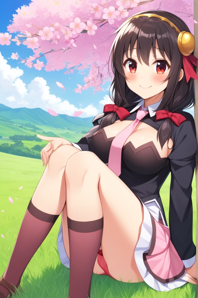 alone, One girl, Happy face, View your viewers, Crown Blade, hair ornaments, Hair Ribbon, Pink tie, Black long sleeve, Pink Skirt, Knee socks, Cleavage, grassland、Black Hair、Red Eyes、(blush:1.2)、sit、cherry blossoms、(I can see your pink underwear:1.2)