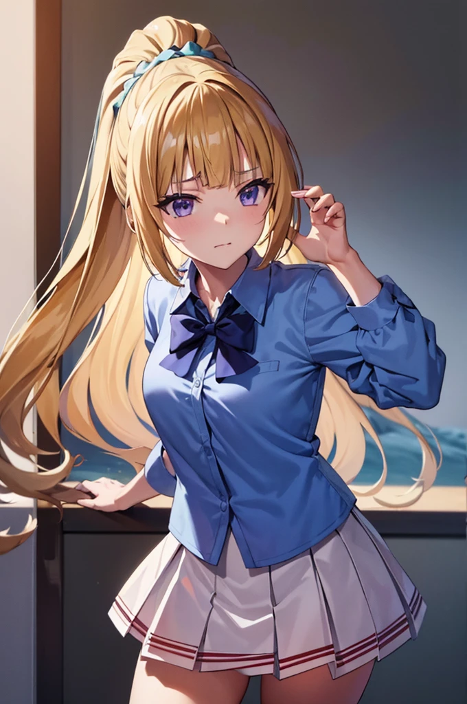 (8k, best quality, masterpiece,ultra detailed, ultra high res:1.2), BREAK anime keyvisual, 
1girl,
Kei Karuizawa, 
Kei Karuizawa \(youjitsu\),
long hair, ponytail, 
yellow hair, 
purple eyes, 
blue bow, hair scrunchie, 
medium breasts, 
, red blazer, long sleeves, blue blouse, pleated white skirt, white calf socks, 
looking at viewer, 
cowboy shot, 
perfect light, 