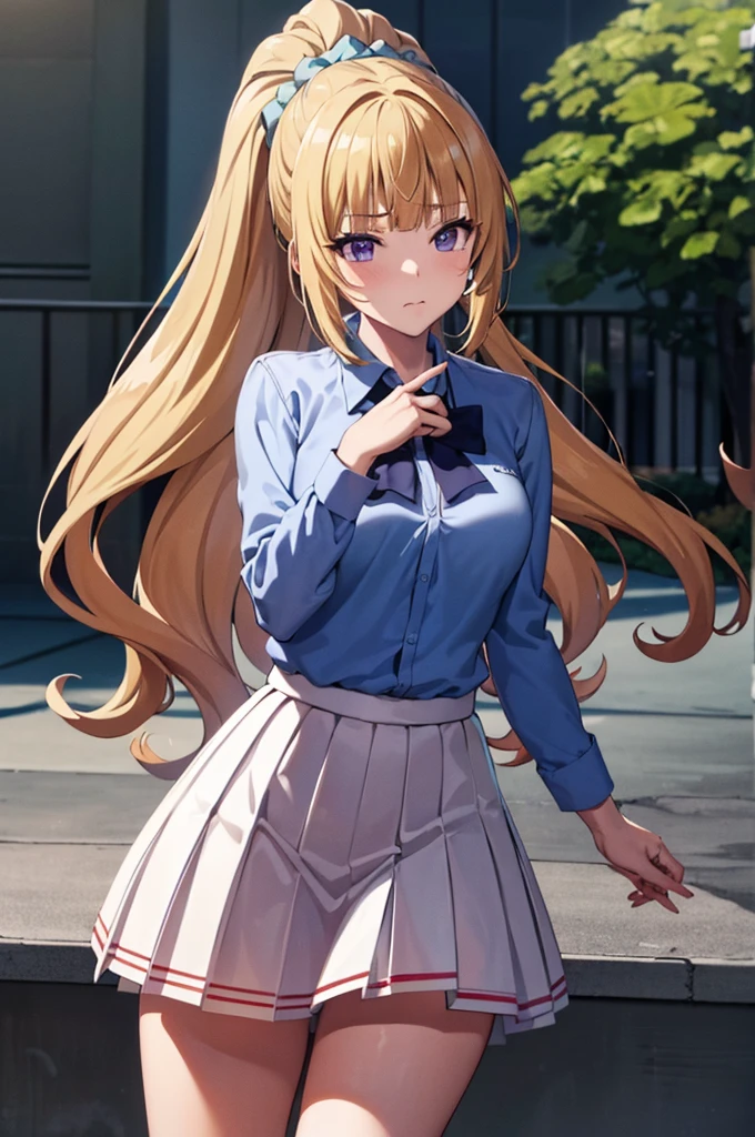 (8k, best quality, masterpiece,ultra detailed, ultra high res:1.2), BREAK anime keyvisual, 
1girl,
Kei Karuizawa, 
Kei Karuizawa \(youjitsu\),
long hair, ponytail, 
yellow hair, 
purple eyes, 
blue bow, hair scrunchie, 
medium breasts, 
, red blazer, long sleeves, blue blouse, pleated white skirt, white calf socks, 
looking at viewer, 
cowboy shot, 
perfect light, 