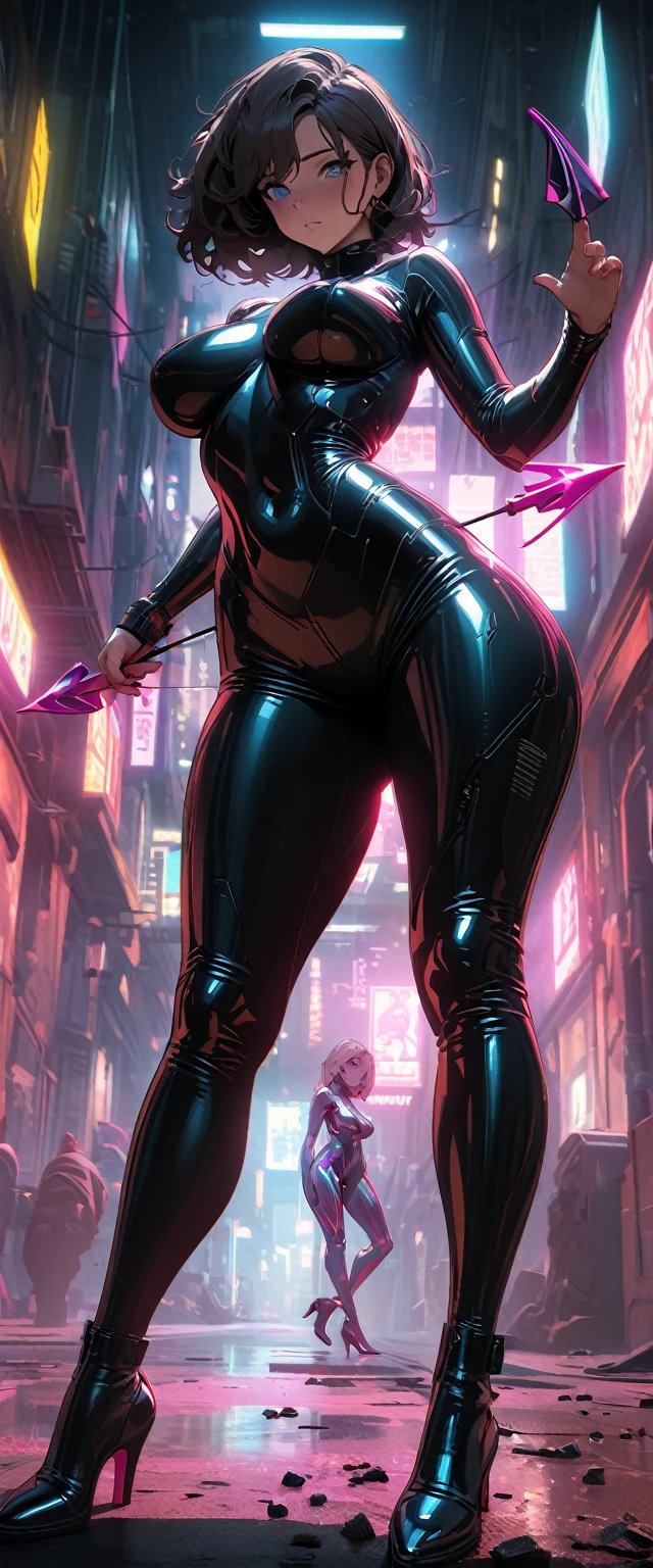 Cyberpunk style,30-year-old mature and charming woman,Leather bodysuit covers the entire body,Full breasts,High heels,Shoot at me with a bow and arrow,(There are a lot of small pieces of gravel floating in the air around me.:1.5),beautiful,Glowing Effects,Celluloid style,Flat coating,HD,CG art,comics,8K,Looking at the camera,high quality,illustration,Vaporwave style,Rim Light,light,Very detailed,complicated,OC Renderer,Viewing angle,high resolution