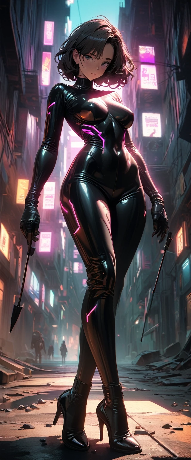 Cyberpunk style,30-year-old mature and charming woman,Leather bodysuit covers the entire body,Full breasts,High heels,Shoot at me with a bow and arrow,(There are a lot of small pieces of gravel floating in the air around me.:1.5),beautiful,Glowing Effects,Celluloid style,Flat coating,HD,CG art,comics,8K,Looking at the camera,high quality,illustration,Vaporwave style,Rim Light,light,Very detailed,complicated,OC Renderer,Viewing angle,high resolution