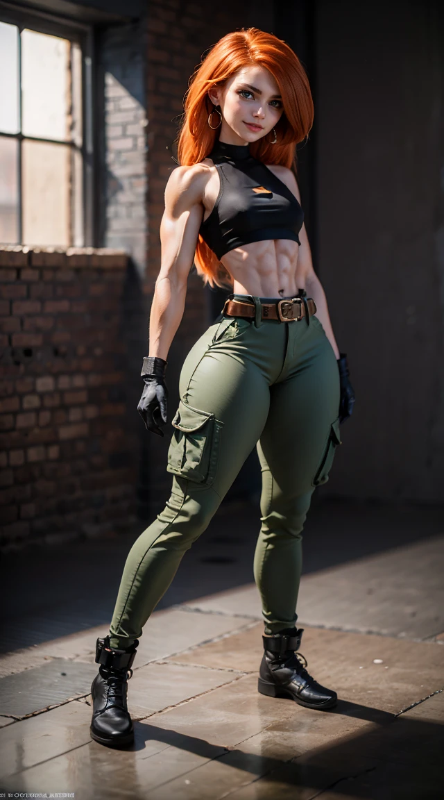 (Muscular:1.5), (thick thighs:1.5), 
long orange-red hair, green eyes, confident expression, pale skin,
eyeshadow, earrings,
detailed eyes, (big smile), detailed skin,
small breasts, hard nipples,
(black crop top, black gloves, brown belt, green cargo pants),
(upper body view), looking at viewer, three quarter view,
dark studio, rim lighting, two tone lighting, dimly lit, bokeh