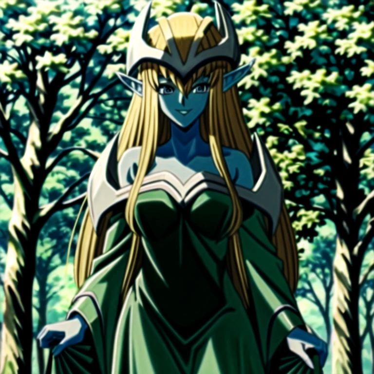 mysticalygo, mystical elf, smile, green dress, long skirt, blue skin, blonde hair, long hair, forest, Yugioh,