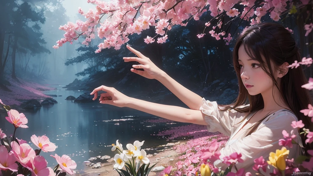 32k, Masterpiece, Highest quality, One girl, Brown Hair, Detailed eyes, flower,Freesia, Pink and navy style,A dreamy, romantic piece,Pale yellow, Mysterious Leaves,A playful arrangement,Fantasy,High Contrast,Ink strokes,explosion,Exposure, Impression of pink and navy tones,Abstract,((Watercolours by John Berkey and Jeremy Mann )) Brush strokes,Negative Space, Tyndall effect,
