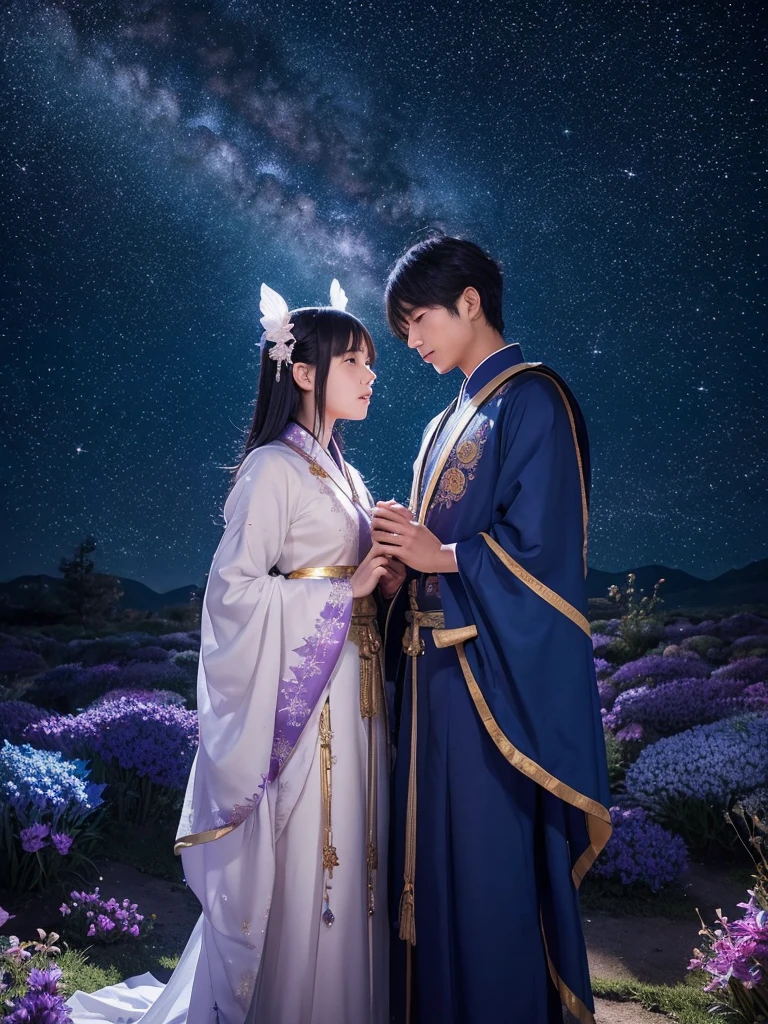 Under a star-filled sky, Orihime and Hikoboshi stand on opposite sides of the shimmering Milky Way, their eyes meeting with a sense of longing and love. The night is illuminated by a soft, ethereal glow, with delicate hues of blue and purple blending into the darkness. Surrounding them are twinkling stars, glowing mist, and mystical constellations, creating a magical and otherworldly atmosphere. Both characters are dressed in traditional celestial robes adorned with intricate patterns, adding to the enchantment of the scene."