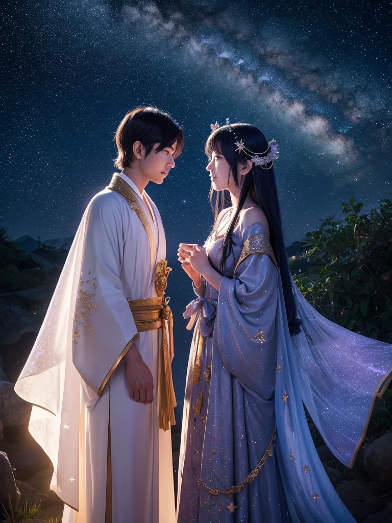 Under a star-filled sky, Orihime and Hikoboshi stand on opposite sides of the shimmering Milky Way, their eyes meeting with a sense of longing and love. The night is illuminated by a soft, ethereal glow, with delicate hues of blue and purple blending into the darkness. Surrounding them are twinkling stars, glowing mist, and mystical constellations, creating a magical and otherworldly atmosphere. Both characters are dressed in traditional celestial robes adorned with intricate patterns, adding to the enchantment of the scene."