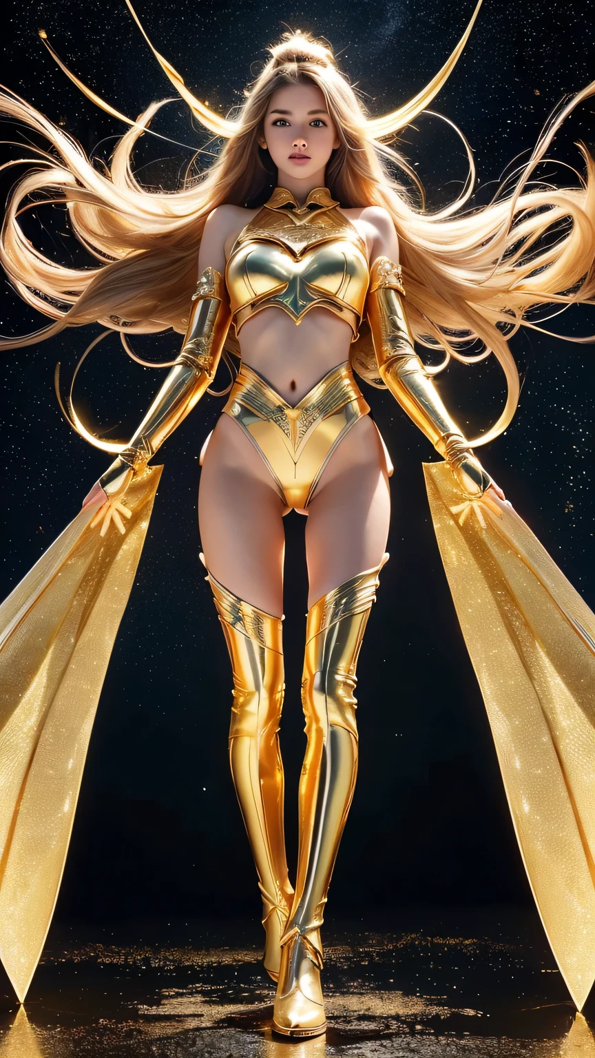 (best quality)), ((masterpiece)), (ultra detailed lights), ((full body shot)), ((skinny body)), teen girl, extremely beautiful, perfect eyes, ((slim body)), thighs gap, ultra face details, 20 years old, ((white curvy-hair)), ((hair blown by strong winds :1.3)), Award-winning photograph, ((symmetrical pose)), teen goddess with (golden sword) in ((full body golden black armor)), posing in the middle, intricate details, ((thight golden armour)), ((extremely details armor)), ((tight latex panties)), ((24k-gold armor)), ((edge luminous armor)), cameltoe, luminescent, epic lights reflections, ((Athena's golden bow), at beach, full of stars, orange clouds, nebula sky, epic aurora borealis in the background, shooting stars, ((from below))