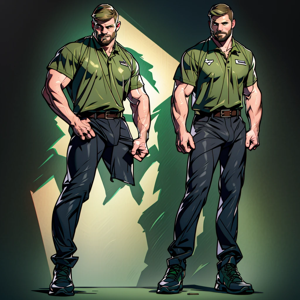 1 man, male focus solo, middle aged man,Stephen AMELL as an army man, lean muscle,(((dark green camouflageT shirt))), brown leather belt and boots, green(( camouflage tactical pants)) with ((big bulge)), full body shot, dark blond short hair, well groomed facial hair, holding a gun with one hand, (gun:1.2), ultra high quality, masterpiece, ,( intense splashed of dark green and brown paint in the blackground)