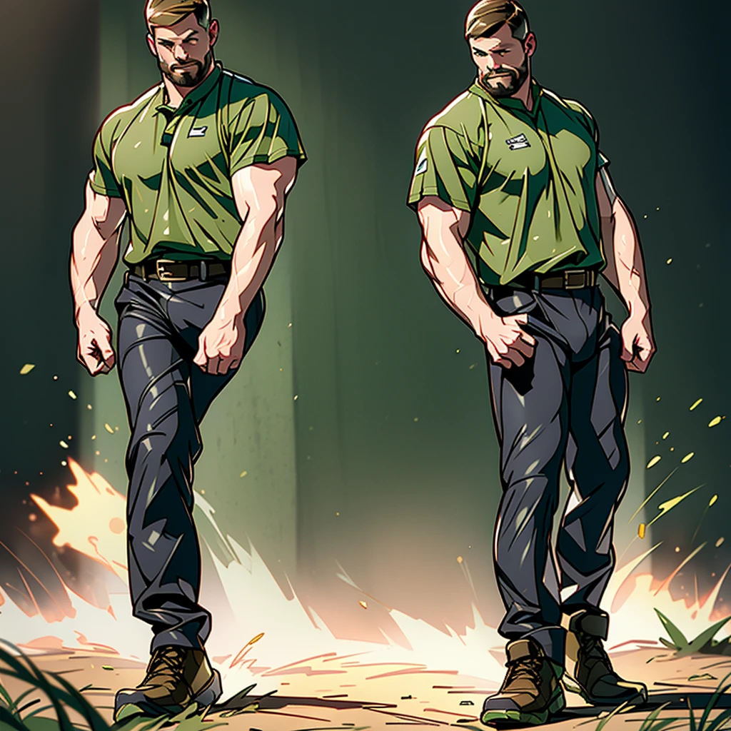 1 man, male focus solo, middle aged man,Stephen AMELL as an army man, lean muscle,(((dark green camouflageT shirt))), brown leather belt and boots, green(( camouflage tactical pants)) with ((big bulge)), full body shot, dark blond short hair, well groomed facial hair, holding a gun with one hand, (gun:1.2), ultra high quality, masterpiece, ,( intense splashed of dark green and brown paint in the blackground)