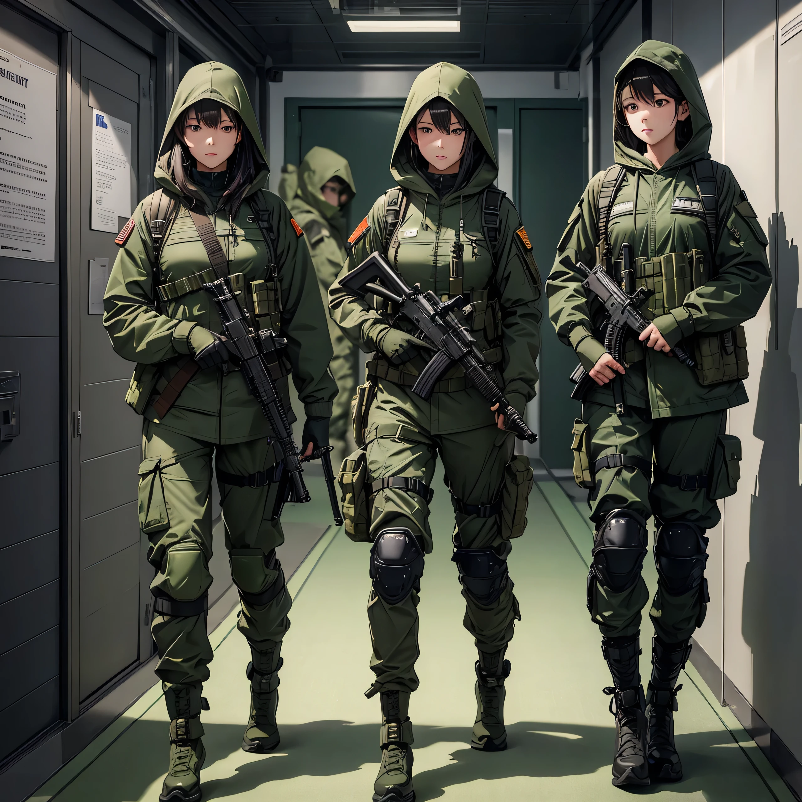 Three female soldiers with guns、Wearing dark green M-51 hooded military uniform、Hooded on head、Military Pants、Magazine Pouch、Tactical harness、Knee pads、In front of the elevator door、best quality、Highly detailed CG、8K picture quality、Theatre lighting、lens flare